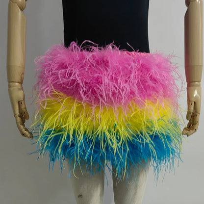 True ostrich feather Multicolor Mini Skirt Elastic Waist  Sexy Clothing Club Party Dance Rave Short Skirt Note select 3 colors