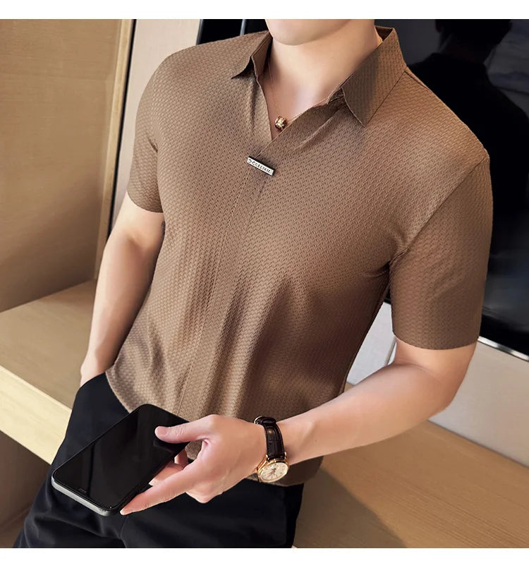 High-Grade Ice Silk Seamless Adhesive Polo Shirt, High-Elastic V-neck Thin Waffle Short-Sleeved Golf Shirt, T-shirt