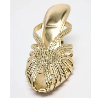 Gold Luxury Thin Heel Slippers Women Dress Shoes Summer New 2025 Hollow Beach Shoes Slides Designer Brand Sandals Ladies Pumps