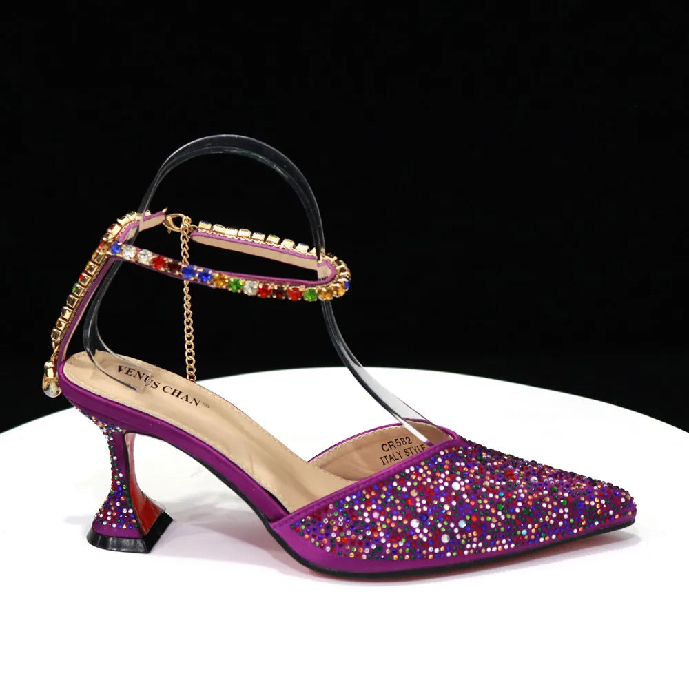Pointed Shoes Bag Soft Handle Bag Anklet Design Medium Heel Ladies Shoes Suitable for Wedding Party