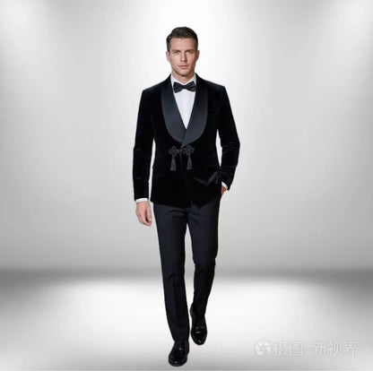 Black Velvet Smoking Jacket 2 Piece Male Blazer with Buttons Luxury Grooms Wedding Designer Party Wear Coat