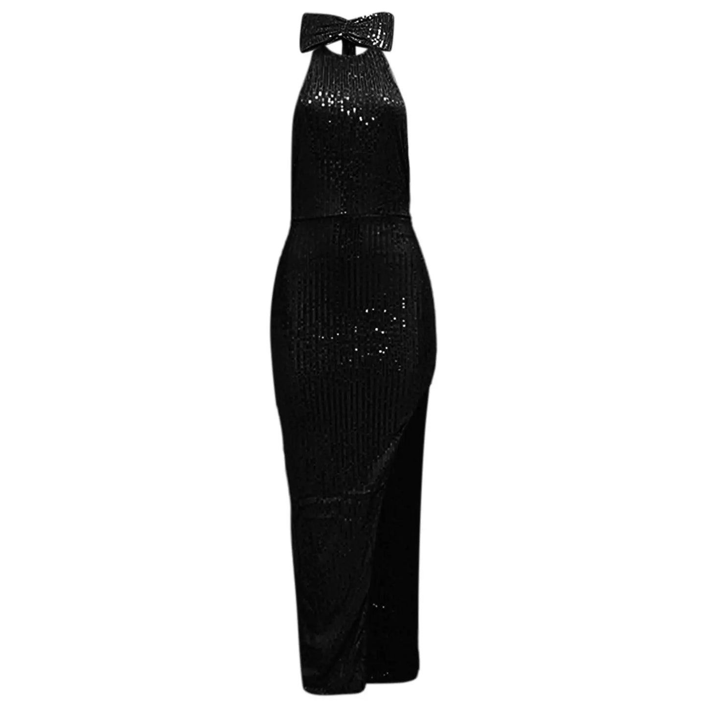 Women's Sequined Long Party Dresses Fashion Solid Color Hanging Neck Round Neck Bow Sleeveless Slit Long Dress Evening Dresses