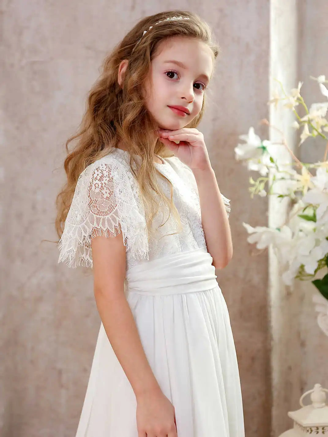 Vestidos de Festa de Casamento em Renda Chiffon Vintage para Meninas com Mangas Bufantes e Linha A, Daminha de Honra