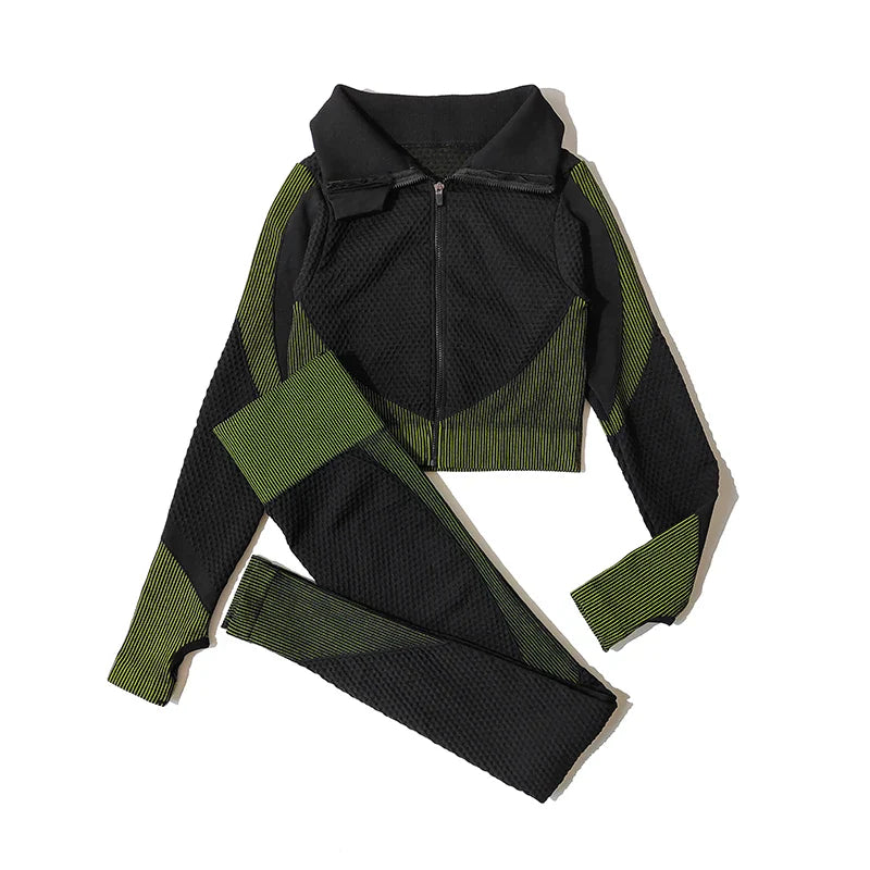 2/3Pcs Women Yoga Suit Seamless Knitted Yoga Pants Leggings Clothing Zipper Long Sleeve Crop Top Fitness Wear Sportswear Gym Set