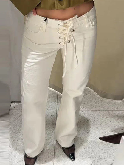 Drawstring Lace Up Women Jeans White High Waist Pockets Straight Female Denim Pants Female 2025 Summer New Fashion Lady Pant