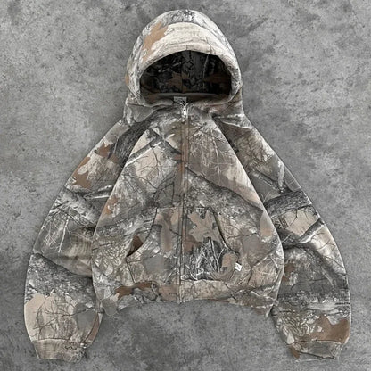 Y2K Retro Zip Up Hoodie Men Camouflage Pattern Zipper Sweatshirt High Street Hip Hop Streetwear Oversized Unisex Camo Hoodie