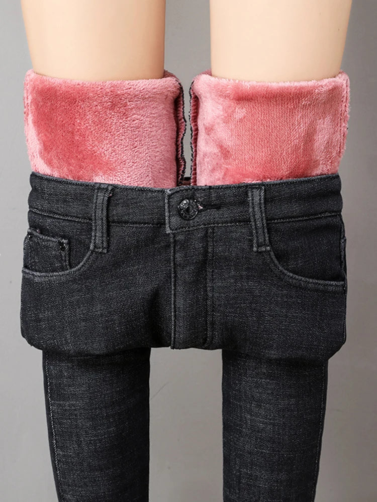 Women's Thick Warm Jeans, Stretch Tight Pencil Pants