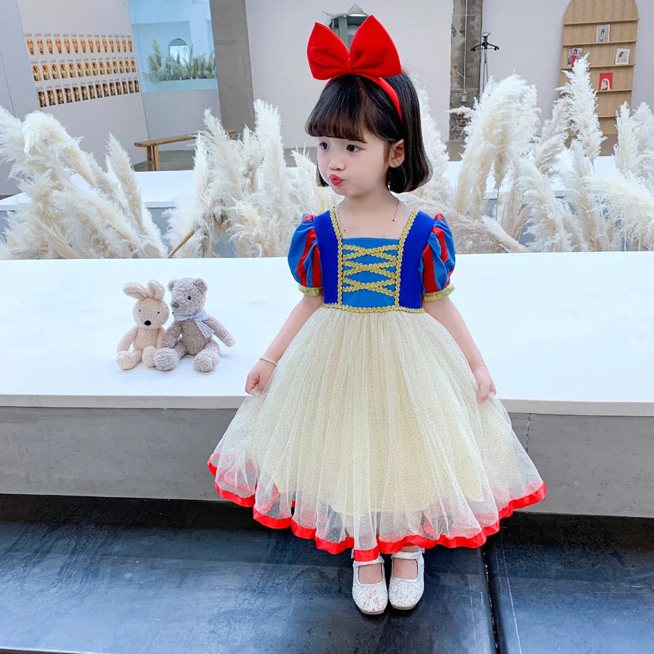 Summer Snow White Dress for Girls Breathable Puffed-Sleeve Tulle Princess Dress Snow White Themed Party Gown Halloween Costume
