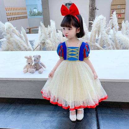 Summer Snow White Dress for Girls Breathable Puffed-Sleeve Tulle Princess Dress Snow White Themed Party Gown Halloween Costume