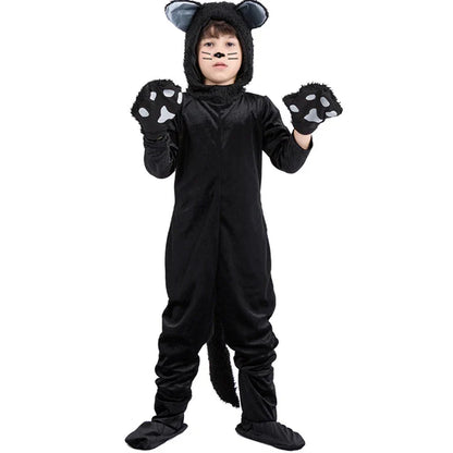 Black Cat Cosplay Children's Costume Cute Kitten Animal Onesie + Gloves + Hat Suit Suitable for Stage Show Halloween Party