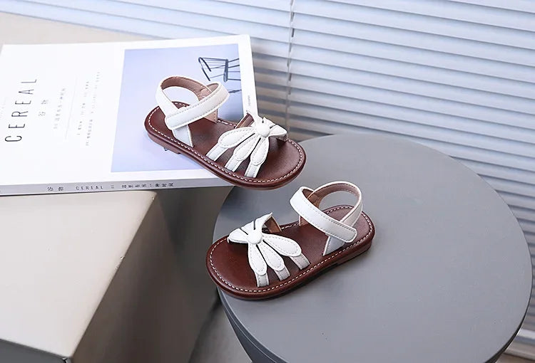 Girls Sandals Hook&loop Kids Beach Shoes Soild Color Versatile 2025 Summer Girls Princess Shoes Retro Sweet Flowers Korean Style
