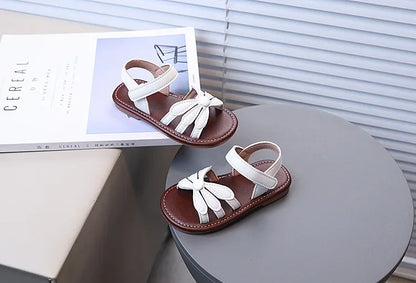 Girls Sandals Hook&loop Kids Beach Shoes Soild Color Versatile 2025 Summer Girls Princess Shoes Retro Sweet Flowers Korean Style