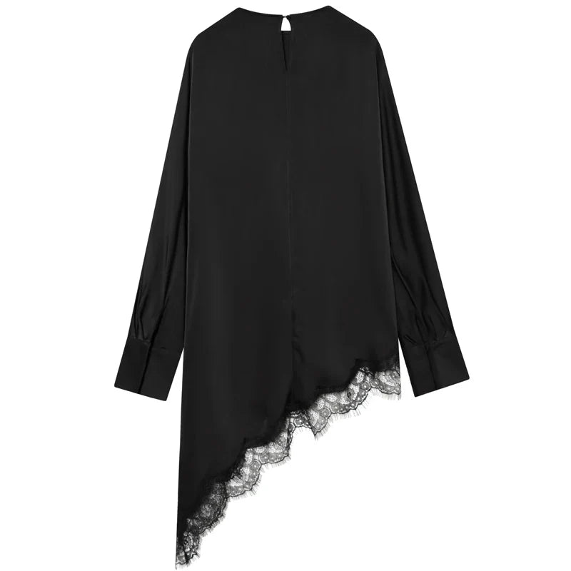 Lace Asymmetric Black Shirts Woman Blouses Spring Autumn 2026 Minimalist Women's O-Neck Long Sleeve Top Korean Style Blouse