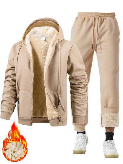 Men's Suit Two-Piece Tracksuit Plush Thickened Warm Sports Jacket+Trousers Sports Suit Winter Outdoor Casual Hoodie Sportswear