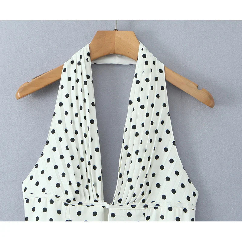 French Style Retro Polka Dot Deep V Halter Dress Women Sexy Backless A-line Slim Sweet Elegant Mini Dresses Summer Robe
