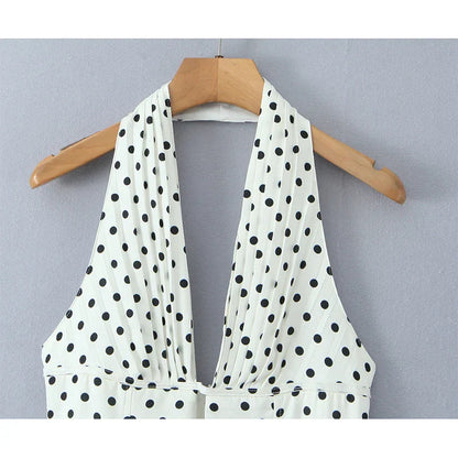 French Style Retro Polka Dot Deep V Halter Dress Women Sexy Backless A-line Slim Sweet Elegant Mini Dresses Summer Robe