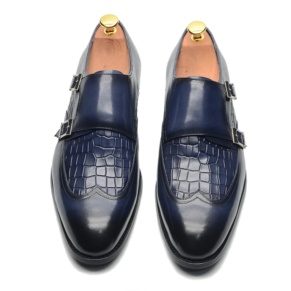 Classic Men's Genuine Leather Dress Shoes Double Buckle Monk Strap Wingtip Crocodile Print Business Office Formal Footwear Man