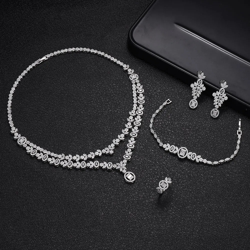 Bridal Zirconia For Women Party Luxury Dubai Necklace Bracelet Earringa Rings CZ Crystal Wedding Jewelry Sets