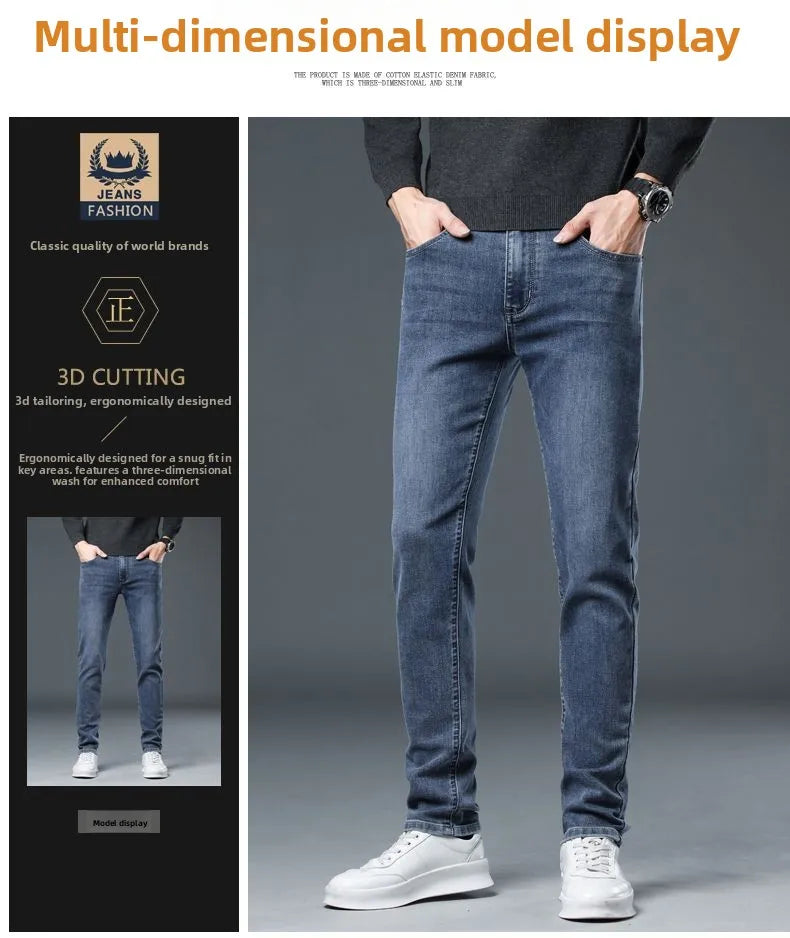 New Autumn/winter 2025 Stretch Wash Jeans for Young Men with Small Straight Elastic WaistJeans Pants Fashion Men's Trousers