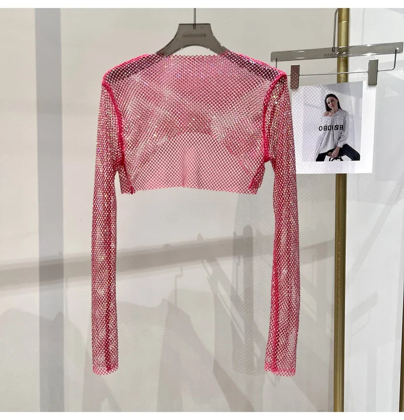 new sexy bright diamond short top Slim thin Ms. hot drill long-sleeved T-shirt sexy leak waist nightclub