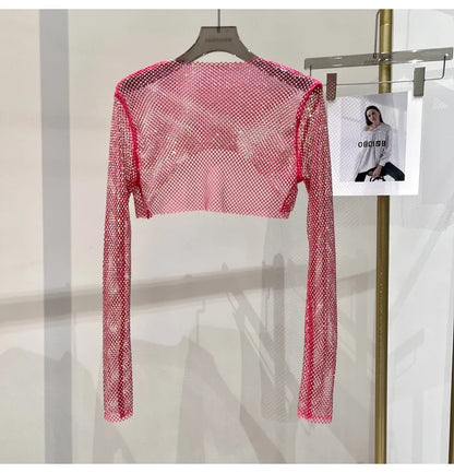 new sexy bright diamond short top Slim thin Ms. hot drill long-sleeved T-shirt sexy leak waist nightclub