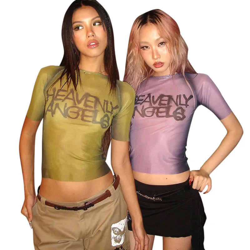 Y2K Letter Print Top See Through Graphic T Shirts For Women Clothing Short Sleeve Aesthetic Ropa De Mujer Skinny Sexy Streetwear