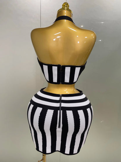 Women Celebrity Sexy Jacquard Black White Two Piece Bodycon Striped Bandage Skirt Set Designer Evening Party Dress