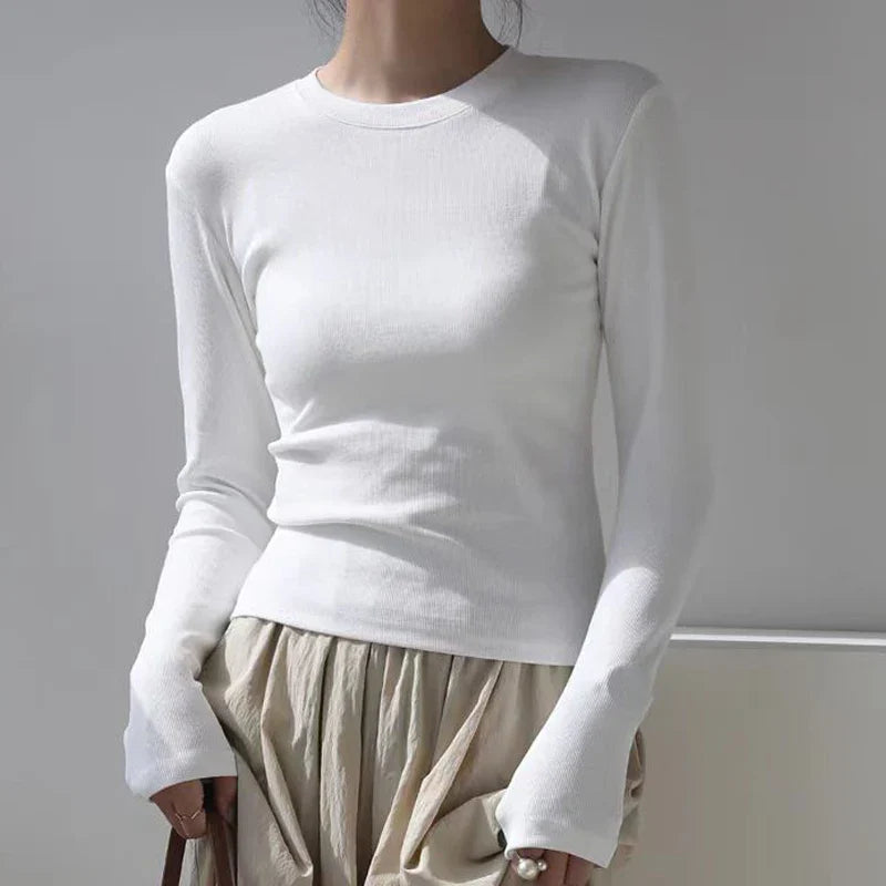 Camisa Feminina Gola O Manga Longa de Algodão Sexy Cropped Tops Outono 2025 Preta Casual Skinny Slim Básica Camisetas Femininas Roupas Brancas