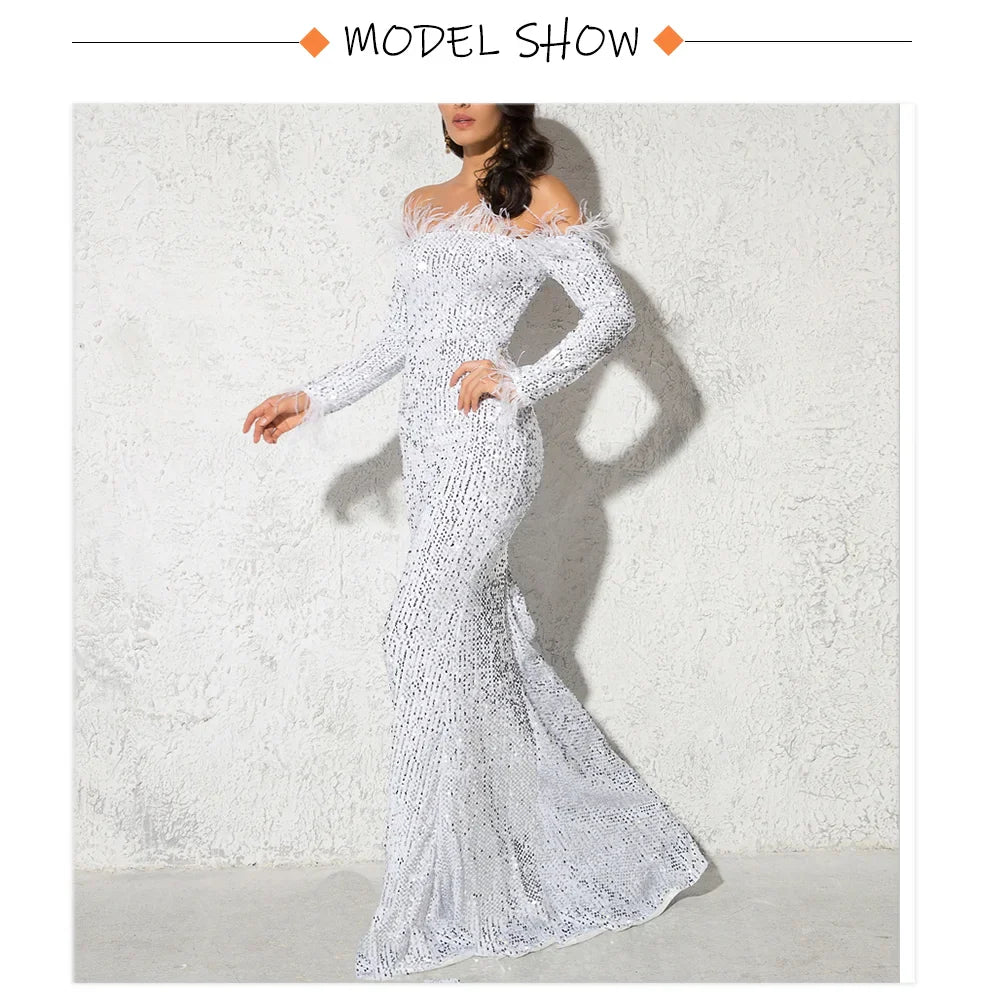 Sparkle Sequin Green Feathers Maxi Cocktail Dress Mermaid Off Shoulder Long Sleeves Stretch Wedding Party Gown Dresses 2025