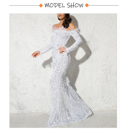 Sparkle Sequin Green Feathers Maxi Cocktail Dress Mermaid Off Shoulder Long Sleeves Stretch Wedding Party Gown Dresses 2025