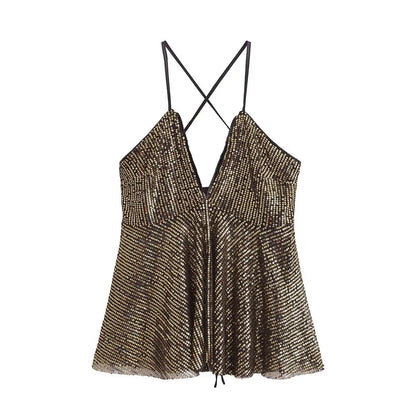 2025 Women Chic Deep V Neck Sequined Design Sling Camis Tank Lady Backless Cross Sexy Shirt Blouse Tops LS7381