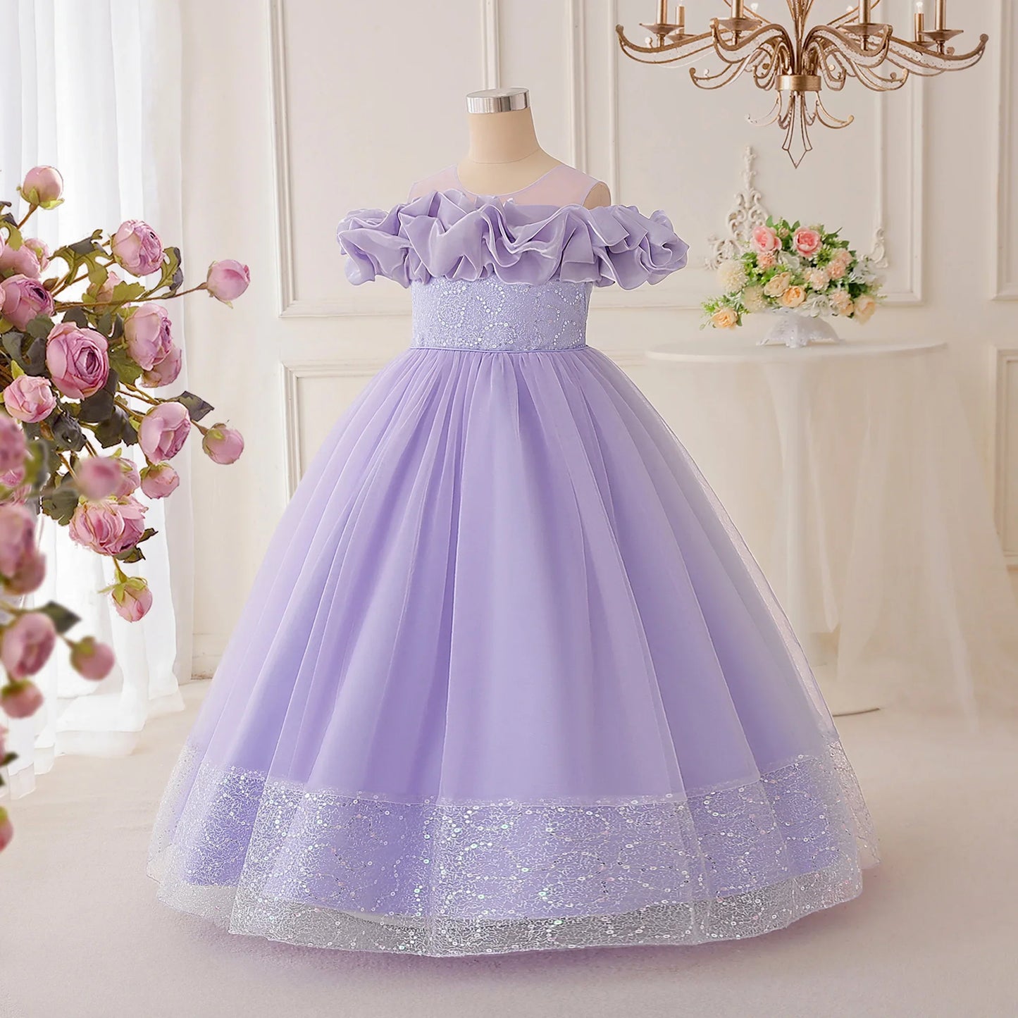 Summer Flower Bridesmaids Party Girls Dress Elegant Sequin Tulle Wedding Princess Prom Dresses for Girl Birthday Evening Costume