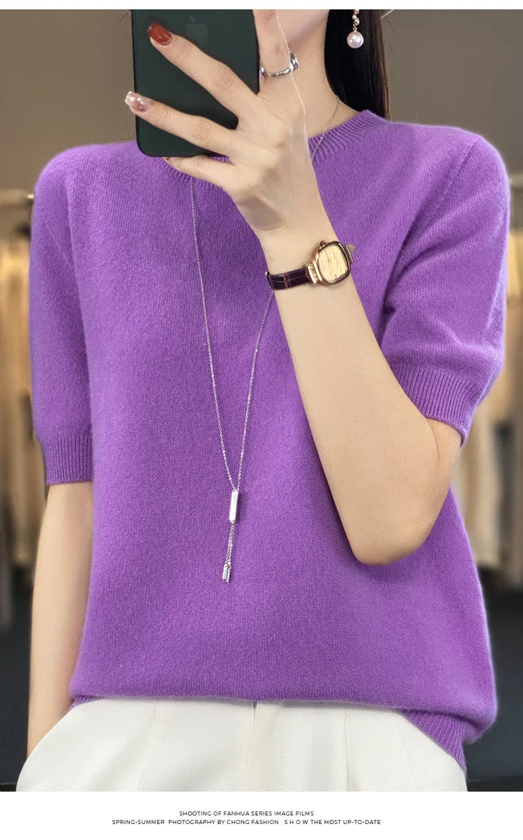 100% pure wool T-shirt spring and summer new women's O-neck pullover short sleeve loose five-sleeve sweater high-end top
