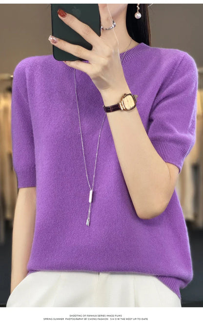100% pure wool T-shirt spring and summer new women's O-neck pullover short sleeve loose five-sleeve sweater high-end top