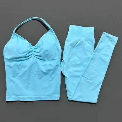 2Piece Sports Gym Set Women Longline Strappy Top Fitness Clothes Seamless Yoga Set Running Workout Sports Leggings Sets