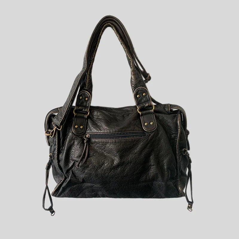 Y2K Spicy Girl One Shoulder Crossbody Bag Vintage Washed Leather Motorcycle Bag Large Capacity Bag