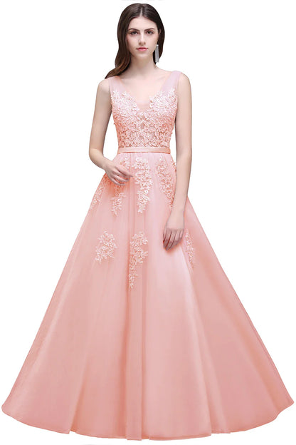 Gorgeous Pearl Pink Evening Dresses Illusion Strap Lace Appliques Square Neck V-Backless Gowns Slim A-Line Maxi Party Prom Dress