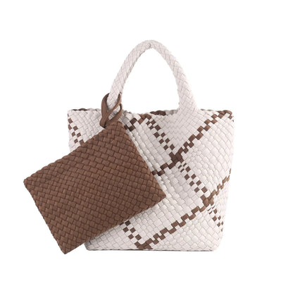Woven Bag for Women, Neoprene Tote Bag Summer Beach Handbag Purse Retro Handmade Travel Shoulder Bag Set Neoprene Weave Tote Bag