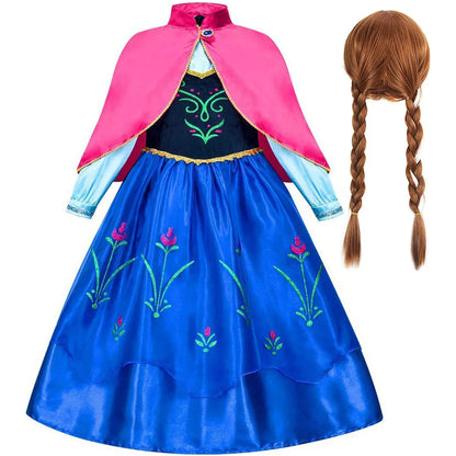 Frozen Classic Movie Princess Anna Dress With Red Cape Christmas Holiday Party Carnival Girls Gift Cosplay Anna Dress Set