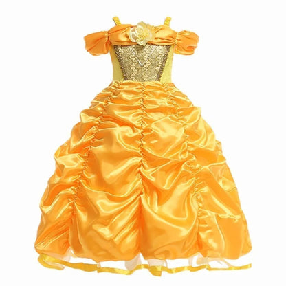 Girl Princess Dress Beauty And Beast Cosplay Costume Belle Praty Yellow Luxury Wedding Ball Gown Kid Carvinal Fancy Clothes