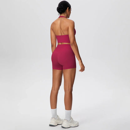 2picese Women Yoga Suit Solid Color High Waist Hip Push Up Fitness Shorts Sexy Pilates Backless Gym Hanging Neck Bra Yoga Set