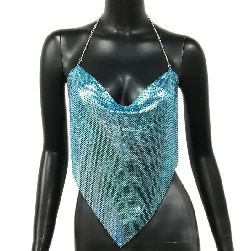 Women Solid Sequined Metal Camis Top 2025 Sexy Halter Backless V Strappy Party Nightclub Vest Cropped Tops