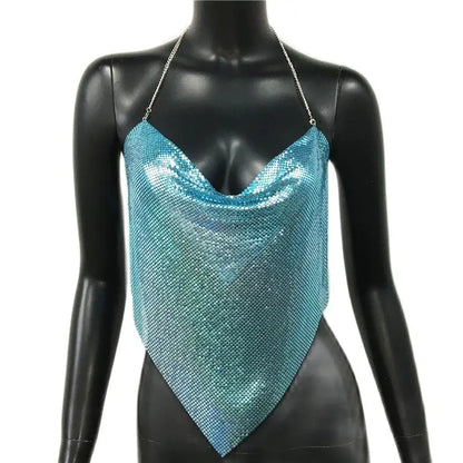Women Solid Sequined Metal Camis Top 2025 Sexy Halter Backless V Strappy Party Nightclub Vest Cropped Tops