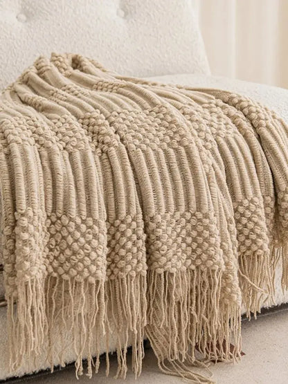 Khaki Gift Knitted Blanket with Tassels Chunky Vintage Luxury Farmhouse Throw Bedspread Oversized Blanket Cover Manta Para Sofá