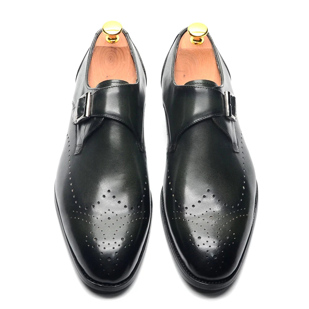 Elegant Men's Monk Strap Dress Shoes Genuine Leather Single Buckle Green Black Loafer Brogue for Party Wedding Formal Occasions