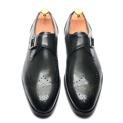 Elegant Men's Monk Strap Dress Shoes Genuine Leather Single Buckle Green Black Loafer Brogue for Party Wedding Formal Occasions
