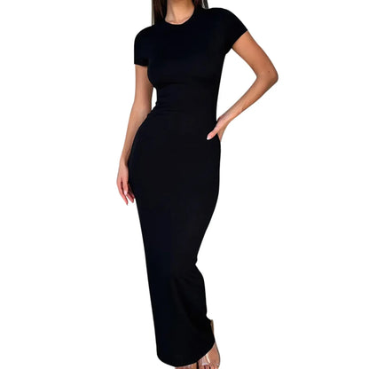 Skinny Women's Bodycon Party Dress Fashion O-neck Short Sleeve Solid Color Wraped Hip Package Long Dress Female Sexy Dress