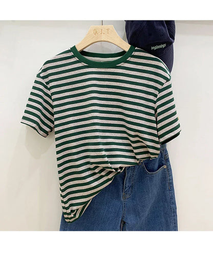 Summer Short Sleeve Striped T-Shirts Versatile Women Knitted Basic Casual Tops Female Cozy Loose Cotton Tees 2023 Harajuku Shirt