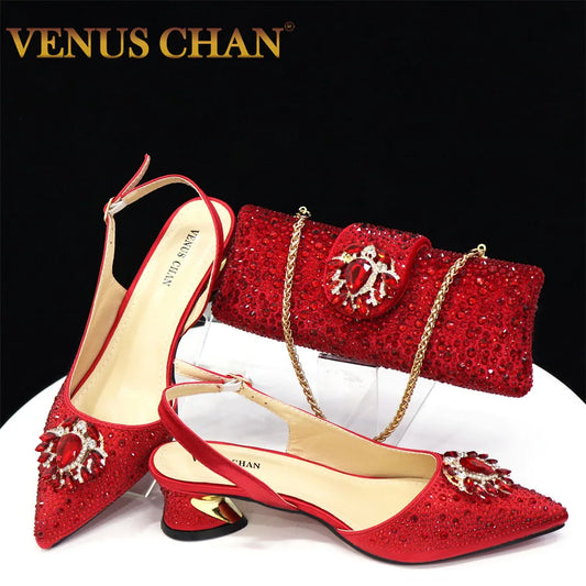 Fashionable Red Color Pointed Top Ladies Shoes Matching Bag Set For Nigerian Women Wedding Party Pump