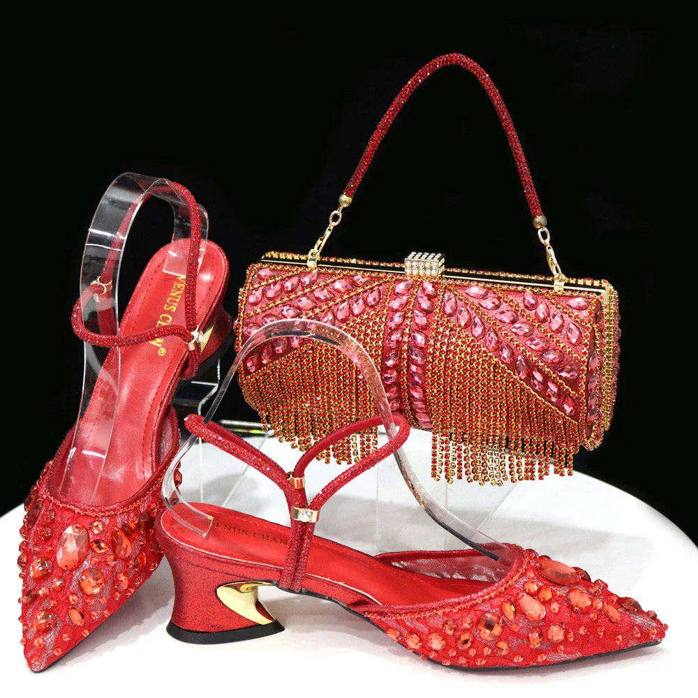 Newest INS Style Lace Elegant High Heels Pointed-Toe Nigeria Popular Design African Ladies Shoes And Bag Set